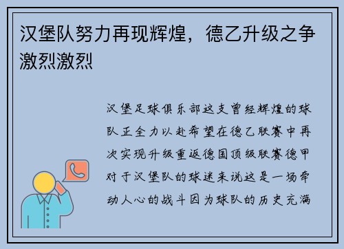 汉堡队努力再现辉煌，德乙升级之争激烈激烈