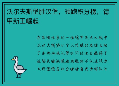 沃尔夫斯堡胜汉堡，领跑积分榜，德甲新王崛起