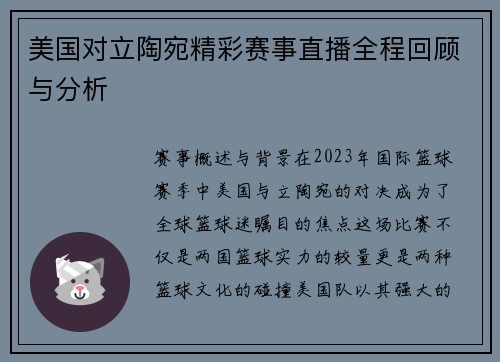 美国对立陶宛精彩赛事直播全程回顾与分析